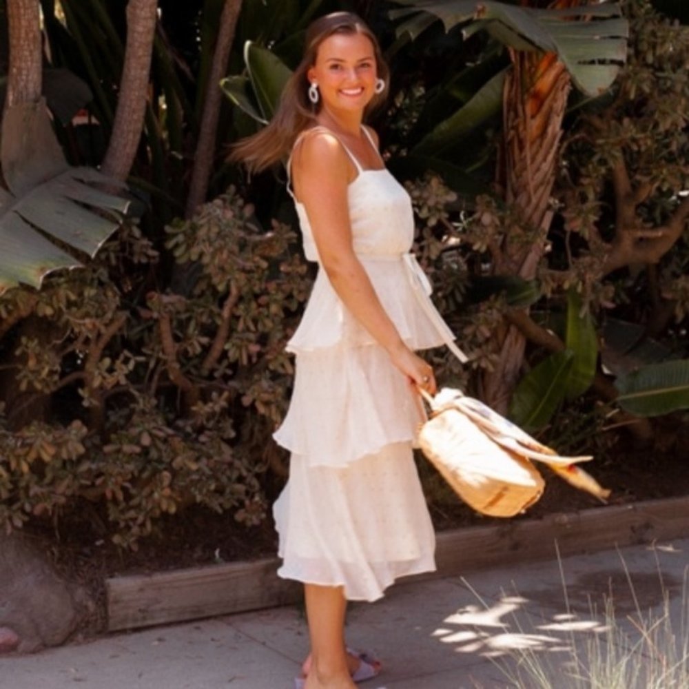 Gal Meets Glam Florence Chiffon Swiss Dot Tiered Ruffle Cream Dress GUC